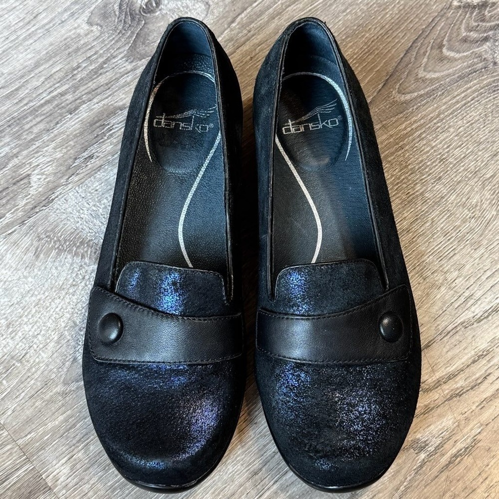 Dansko Blue Shimmer Black Suede Wedge Loafer Shoes Womens Size 39 EU 8.5-9 US